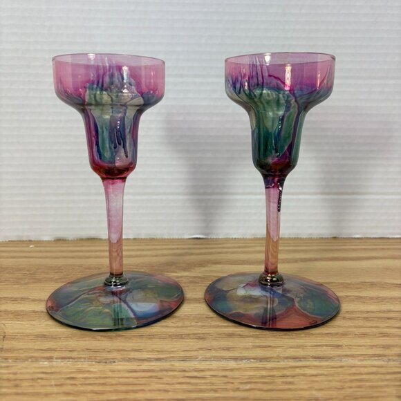 Pair Vintage Deco Art Designs Canada Handcrafted Multi Colour Glass Goblets - Picture 3 of 10